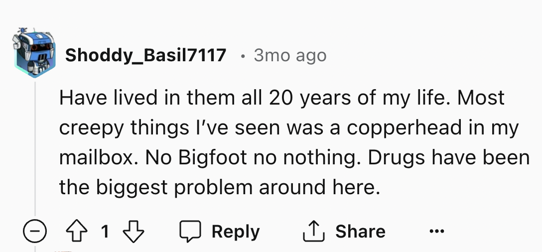 number - Shoddy_Basil7117 3mo ago Have lived in them all 20 years of my life. Most creepy things I've seen was a copperhead in my mailbox. No Bigfoot no nothing. Drugs have been the biggest problem around here. 1 ...